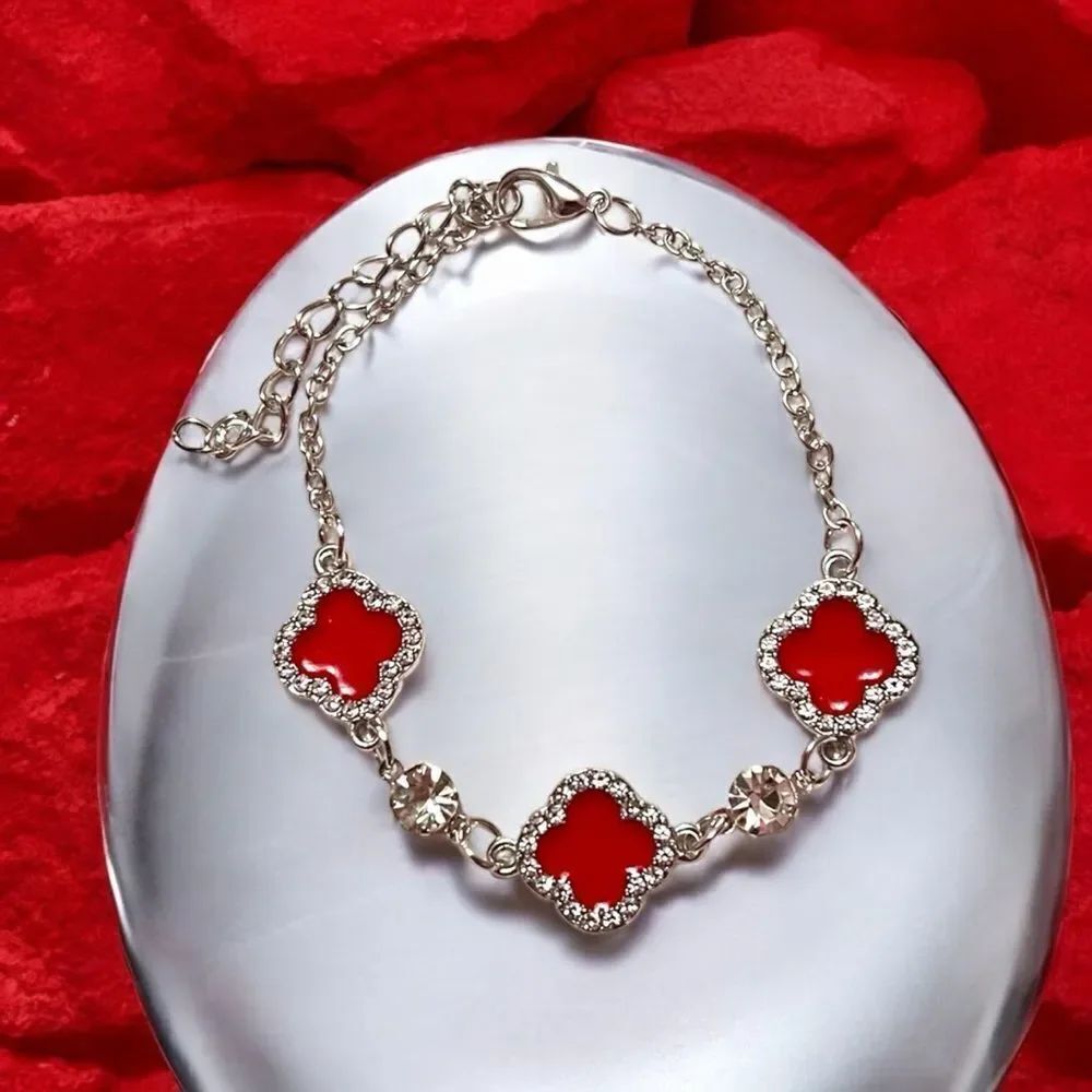 Elegant Red Clover Rhinestone Silver Tone Bracelet